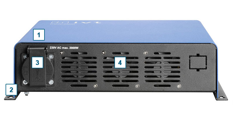 Bedienungs- und Anzeigeelemente Digitaler-Sinus-Wechselrichter DSW-2000, 12 V, Vorderseite