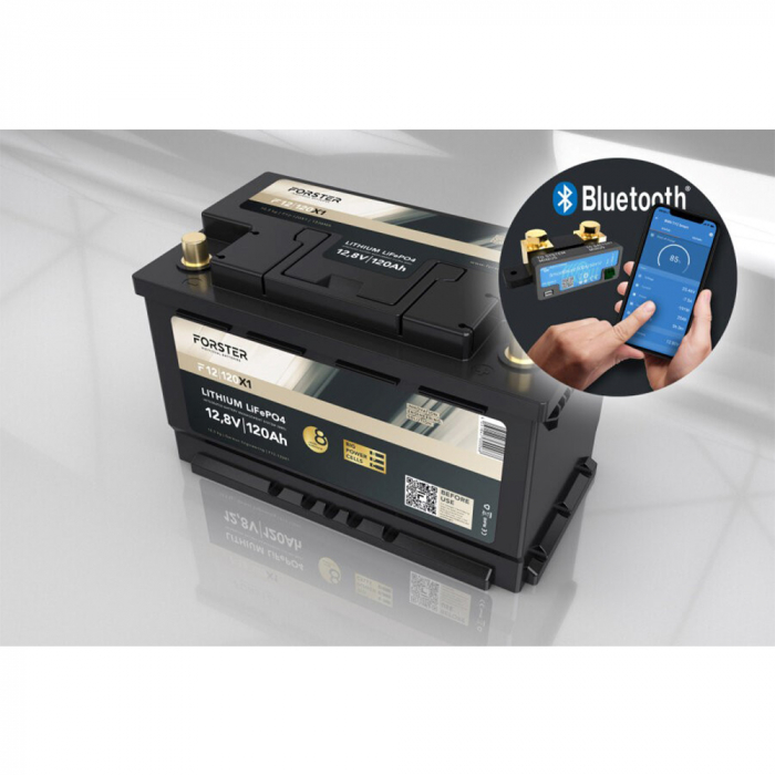 LiFePO₄ Premium Batterie FORSTER 12,8 V/120 Ah 200 A-BMS-2.0 | Bluetooth Mess-Shunt | Untersitz Ducato Ford PSA VW-T6 MAN-TGE | F12-120XB1