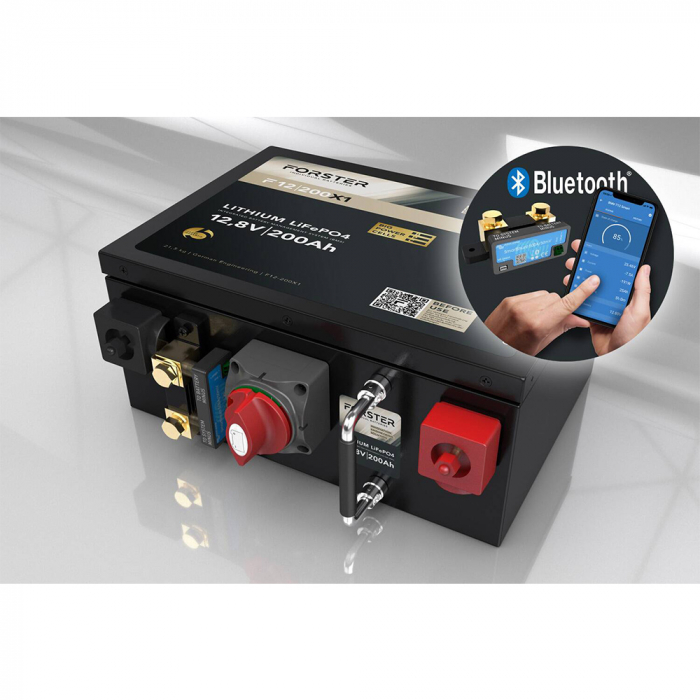 LiFePO₄ Premium Batterie FORSTER 12,8 V/200 Ah 200 A-BMS-2.0 | Bluetooth Mess-Shunt | Untersitz Ducato Ford PSA | F12-200XB1